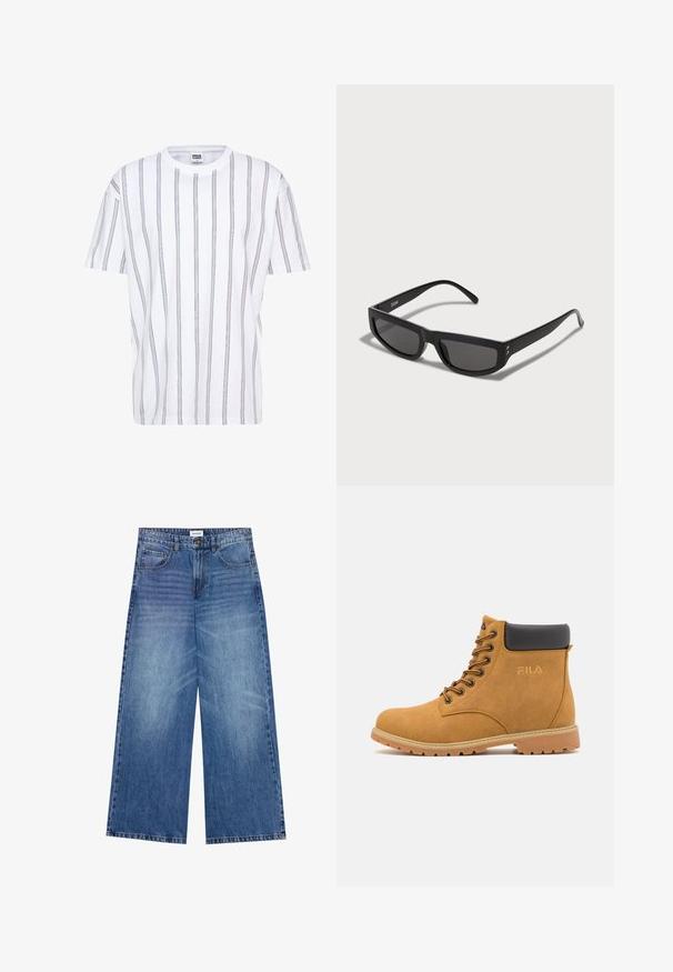 Ruskea neule cardigan, jossa on V-pääntie, joustinneulevarret ja -helma sekä viisi suurta nappia edessä. Pehmeä rakenne ja rento malli.; Valkoinen lyhythihainen t-paita, jossa on pystysuorat moniväriset raidat. Pyöreä kaula-aukko ja väljä istuvuus, valmistettu puuvillamateriaalista.; Kapelevat farkut vaaleansinisestä denimiä, joissa on nappikiinnitys, neljä taskua ja hieman haalistunut pinta kankaan yli.; Vaaleat mokkanahkaiset nilkkasaappaat, joissa on musta pehmustettu kaulus, metalliset silmukat ja teksturoitu kumipohja. Sivussa on kohokuvioitu logo.; Musta aurinkolasit suorakulmaisen kehykseen, joissa on tummat linssit ja ohuet sivut. Kultaiset yksityiskohdat saranoiden läheisyydessä.