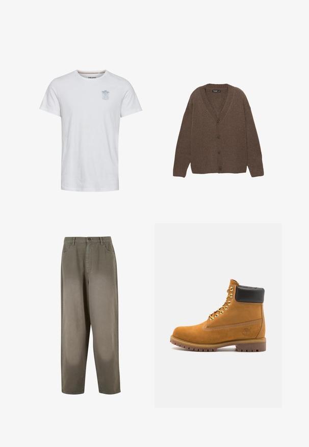 Rjav pleten cardigan z V-izrezom, rebrastimi manšetami in hemom ter petimi velikimi gumbi spredaj. Mehka textura in sproščen kroj.; Bela bomba z kratkimi rokavi, okroglim izrezom in svetlo modrim grafičnim motivom, ki vključuje palme in besedilo na levem predelu prsnega koša.; Svetlo zelene široke hlače iz mehkega materiala. Imajo zaponko, sprednji žep in gladko teksturo.; Svetlo rjave anklne čizme iz semiša z črnim oblazinjenim ovratnikom, zlatimi kovinskimi očesci, belimi šivi in robustnim gumijastim podplatom s izrazitimi tredi.