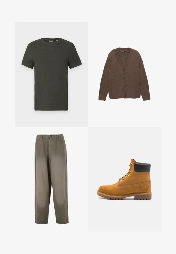 Brązowy sweter robiony na drutach z dekoltem w serek, ściągaczami przy mankietach i hemie oraz pięcioma dużymi guzikami z przodu. Miękka textura i luźny krój.; Ciemnozielona koszulka z krótkim rękawem o okrągłym dekolcie, wykonana z ribbowanego materiału; wyróżnia się prostym, minimalistycznym wzornictwem bez wzorów.; Jasnozielone, szerokie spodnie wykonane z miękkiego materiału. Posiadają zapięcie na guziki, przednie kieszenie oraz gładką fakturę.; Beżowe zamszowe botki sięgające kostki z czarną wyściełaną krawędzią, złotymi oczkami, białymi detalami szycia oraz wytrzymałą gumową podeszwą z wyraźnym bieżnikiem.