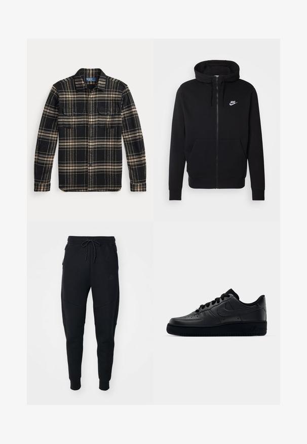 Haut à capuche zippé noir en tissu doux, avec une poche ventrale, un capuchon à cordon et le logo Nike blanc sur la poitrine.; Chemise en flanelle à carreaux noir et marron clair, manches longues, deux poches poitrine et fermeture par boutons, avec une texture douce et des motifs contrastés.; Joggings noirs en tissu doux, avec une taille à cordon, des jambes fuselées et des poches latérales au design élégant.; Baskets Nike Air Force 1 noires avec un dessus en cuir lisse, bout perforé pour la respirabilité, lacets noirs et semelle en caoutchouc texturé.