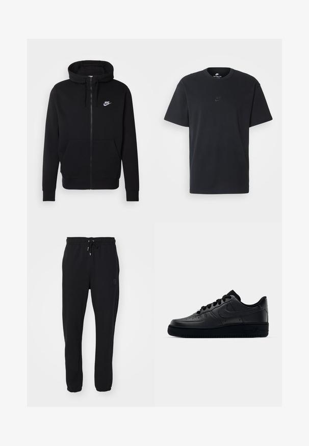 Czarny rozpinany hoodie wykonany z miękkiego materiału, z kieszenią na przodzie, kapturem ze sznurkiem oraz białym logo Nike na piersi.; Czarny bawełniany t-shirt Nike z klasycznym okrągłym dekoltem, krótkimi rękawami oraz subtelnym, wytłoczonym logo na piersi. Gładka tekstura.; Czarne dresy z elastycznym paskiem w talii i regulowanym sznurkiem, z mankietami na kostkach i subtelnym logo z boku.; Czarne sneakersy Nike Air Force 1 z górną częścią wykonaną z gładkiej skóry, perforowanym noskiem dla lepszej wentylacji, czarnymi sznurówkami oraz teksturowaną gumową podeszwą.