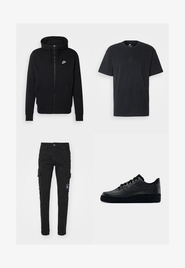 Czarny rozpinany hoodie wykonany z miękkiego materiału, z kieszenią na przodzie, kapturem ze sznurkiem oraz białym logo Nike na piersi.; Czarny bawełniany t-shirt Nike z klasycznym okrągłym dekoltem, krótkimi rękawami oraz subtelnym, wytłoczonym logo na piersi. Gładka tekstura.; Czarna bawełniana spodnie cargo o slim fit, z wieloma bocznymi kieszeniami, zamek błyskawiczny oraz detal z naszywką na lewej nogawce.; Czarne sneakersy Nike Air Force 1 z górną częścią wykonaną z gładkiej skóry, perforowanym noskiem dla lepszej wentylacji, czarnymi sznurówkami oraz teksturowaną gumową podeszwą.