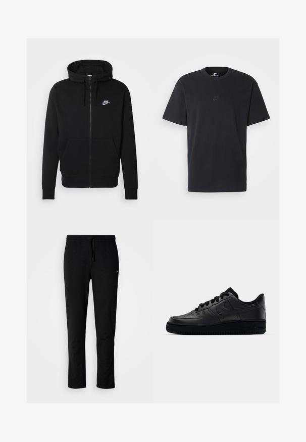 Svart zip-up hoodie tillverkad av mjukt material, med en framficka, dragsko i huvan och vitt Nike-logotyp på bröstet.; Svart t-shirt i bomull från Nike med klassisk rund halsringning, korta ärmar och en diskret, präglad logotyp på bröstet. Slät textur.; Svarta sweatpants av mjukt tyg, med elastisk midja och dragsko samt en slim fit-design. Inga synliga mönster eller detaljer.; Svart Nike Air Force 1-sneaker med en slät läderöverdel, perforerad tå för andningsförmåga, svarta snören och en strukturerad gummisula.