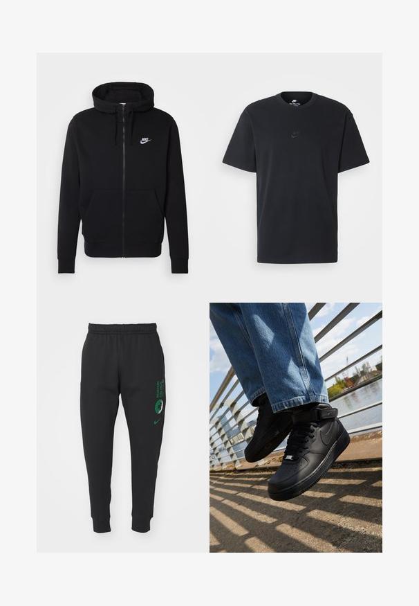 Black zip-up hoodie made of soft fabric, featuring a front pouch pocket, drawstring hood, and white Nike logo on the chest.; Nike black cotton t-shirt with a classic crew neck, short sleeves, and a subtle, embossed logo on the chest. Smooth texture.; Nike Performance NBA BOSTON CELTICS JOGGERS - Tracksuit bottoms - black; Black Nike Air Force 1 sneakers with leather upper, mesh tongue, and rubber sole, featuring a high-top design and thick laces.