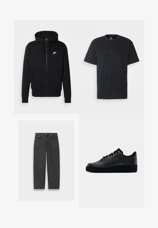 Črna zip-up kapuca iz mehkega materiala, z žepom na sprednji strani, kapuco s vrvico in belim Nike logotipom na prsih.; Nike črna bombažna majica z klasičnim okroglim izrezom, kratkimi rokavi in subtilnim, vtisnjenim logotipom na prsih. Gladka tekstura.; Črne ravne jeans hlače z petimi žepi, zapenjanjem na gumb in vidnimi šivi, razporejene na nevtralni podlagi.; Črne Nike Air Force 1 športne copate z gladkim usnjem, perforirano konico za zračnost, črnimi vezalkami in teksturirano gumijasto podplatom.