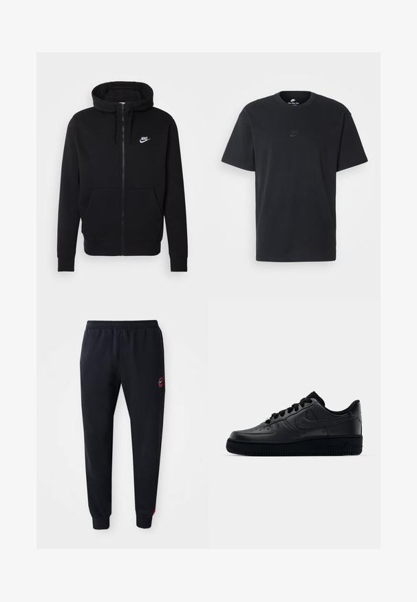 Haut à capuche zippé noir en tissu doux, avec une poche ventrale, un capuchon à cordon et le logo Nike blanc sur la poitrine.; T-shirt en coton noir Nike avec un col rond classique, des manches courtes et un logo embossé subtil sur la poitrine. Texture lisse.; Pantalons de jogging noirs en tissu doux, avec une taille élastique, des accents latéraux rouges et un logo Nike sur la cuisse gauche.; Baskets Nike Air Force 1 noires avec un dessus en cuir lisse, bout perforé pour la respirabilité, lacets noirs et semelle en caoutchouc texturé.