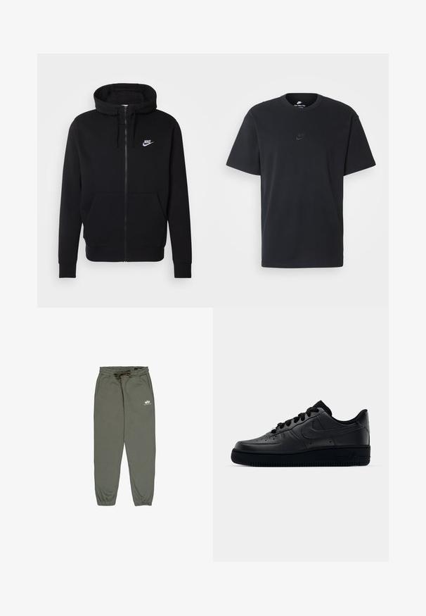 Czarny rozpinany hoodie wykonany z miękkiego materiału, z kieszenią na przodzie, kapturem ze sznurkiem oraz białym logo Nike na piersi.; Czarny bawełniany t-shirt Nike z klasycznym okrągłym dekoltem, krótkimi rękawami oraz subtelnym, wytłoczonym logo na piersi. Gładka tekstura.; Zielone dresowe spodnie wykonane z miękkiego materiału, z elastycznym paskiem w talii ze sznurkiem, bocznymi kieszeniami oraz małym białym logo na udzie.; Czarne sneakersy Nike Air Force 1 z górną częścią wykonaną z gładkiej skóry, perforowanym noskiem dla lepszej wentylacji, czarnymi sznurówkami oraz teksturowaną gumową podeszwą.