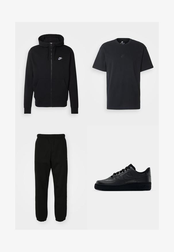 Hanorac negru cu fermoar, confecționat dintr-un material moale, având o buzunar frontal tip pouch, glugă cu șnur și un logo alb Nike pe piept.; Tricou din bumbac negru Nike, cu guler rotund clasic, mâneci scurte și un logo subtil embosat pe piept. Textură netedă.; Pantaloni de trening negri dintr-un material moale, cu talie elastică, glezne strânse și un accent logo mic pe lateral.; Adidașii negri Nike Air Force 1 cu un exterior din piele netedă, vârf perforat pentru respirabilitate, șireturi negre și o talpă din cauciuc texturată.