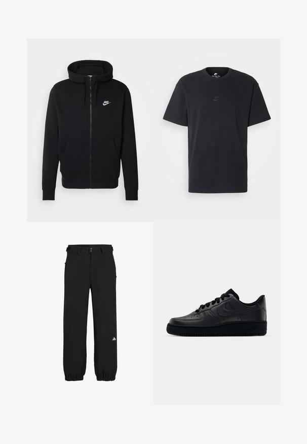 Must have musta kangaga, millel on ees tasku, reguleeritav kapuuts ja valge Nike logo rinnal.; Nike musta mustast puuvillast T-särk klassikalise ümmarguse kaelusega, lühikeste varrukatega ja õrna, reljeefse logoga rinnal. Sile tekstuur.; Kerged mustad püksid, mis on valmistatud kergest kangast, omavad vabalt langevat lõiget, elastseid mansette, vöökohaga silmuseid ja väikest värvilist logo alumises osas.; Mustad Nike Air Force 1 tossud musta sileda nahast, perforatsioonidega varvas hingavuse tagamiseks, mustad paelad ja tekstureeritud kummitald.