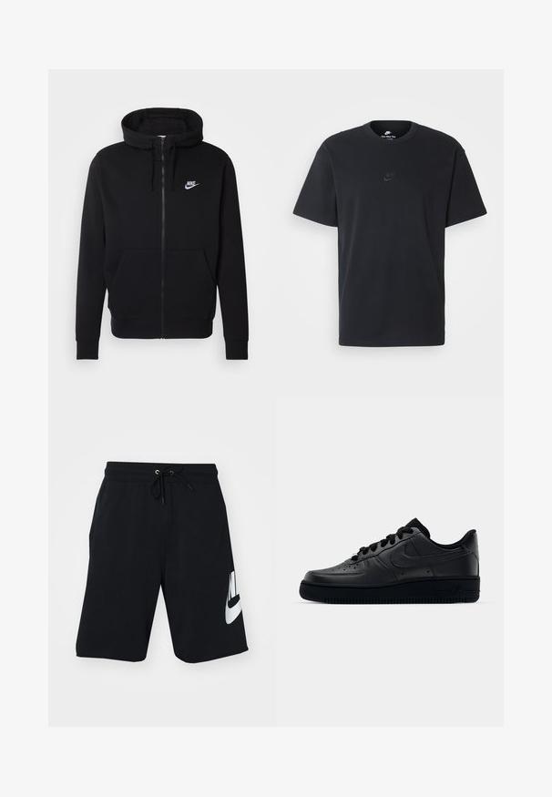 Černá zipová mikina vyrobená z měkkého materiálu, se přední kapsou, kapucí na šňůrku a bílým logem Nike na hrudi.; Černé bavlněné tričko Nike s klasickým kulatým výstřihem, krátkými rukávy a decentně vyraženým logem na hrudi. Hladký povrch.; Černé bavlněné šortky s elastickým pasem na šňůrku, bočními kapsami a velkým bílým logem Nike vytištěným na levém stehně. Klasický atletický design.; Černé tenisky Nike Air Force 1 s hladkým koženým svrškem, perforovanou špičkou pro prodyšnost, černými tkaničkami a texturovanou gumovou podešví.