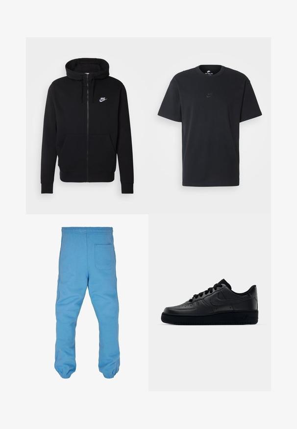Čierna zipová mikina vyrobená z mäkkej látky, s predným vreckom, kapucňou so šnúrkou a bielym logom Nike na hrudi.; Čierne bavlnené tričko Nike s klasickým okrúhlym výstrihom, krátkymi rukávmi a jemne embosovaným logom na hrudi. Hladká textúra.; Svetlomodré teplákové nohavice vyrobené z jemnej bavlny. Majú elastický pás, zužujúce sa nohavice a zadnú vrecko.; Čierne tenisky Nike Air Force 1 s hladkým koženým zvrškom, perforovanou špičkou pre priedušnosť, čiernymi šnúrkami a textúrovanou gumovou podrážkou.
