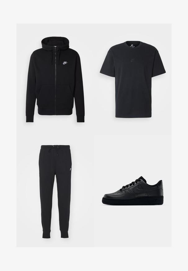 Casaco com fecho zip preto, feito de tecido macio, apresentando um bolso frontal tipo pochete, capuz com cordão e o logo branco da Nike no peito.; T-shirt de algodão preto da Nike com um clássico decote redondo, mangas curtas e um logótipo em relevo discreto no peito. Textura suave.; Calças de treino pretas feitas de uma mistura de algodão, com um cós elástico ajustável, pernas afuniladas e um pequeno logótipo branco na frente.; Sapatilha Nike Air Force 1 preta com parte superior em couro liso, bico perfurado para respirabilidade, atacadores pretos e sola de borracha texturizada.