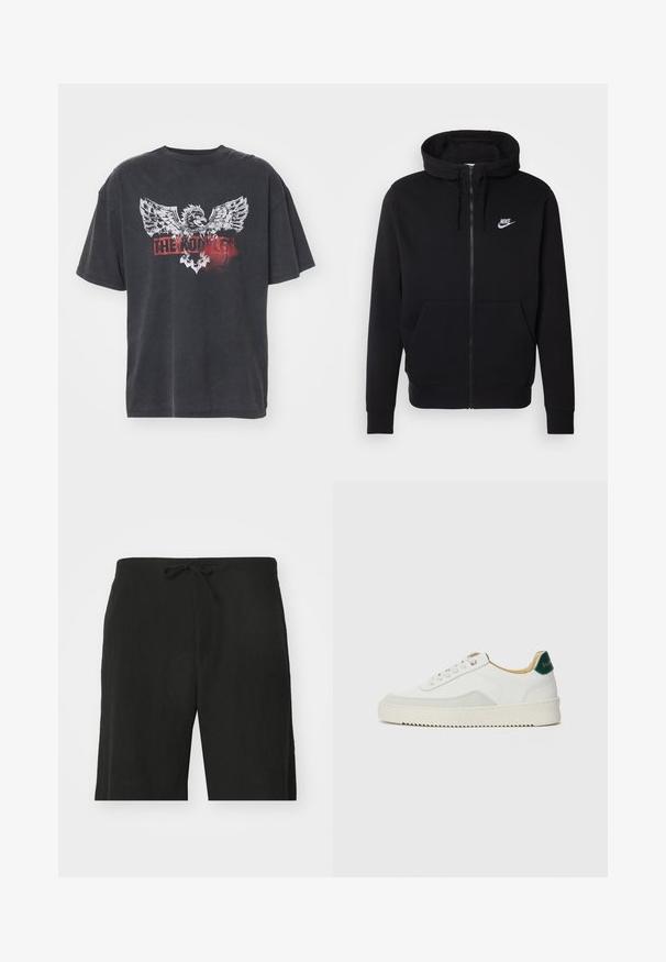 Melnas sporta jaka ar rāvējslēdzēju, kas izgatavota no mīksta auduma, ar priekšējo kabatu, kapuci ar aukliņām un baltu Nike logo uz krūtīm.; Melnas, pārāk lielas T-kreklu ar īsām piedurknēm, uz kura ir attēlots ērgļa grafiks un teksts "MĒS PASTĀVAM" sarkanā krāsā uz nodiluša fona.; Melni linu šorti ar auklu jostasvietā, ar brīvu piegriezumu un līdz ceļiem garumu. Gluda tekstūra, vienkāršs un klasiskas stila.; Baltas sneakers ar zamša akcentiem, noapaļota purngala, plakaniem auklām un krēmkrāsas gumijas zoli. Ar zaļu zīmolu uz papēža.