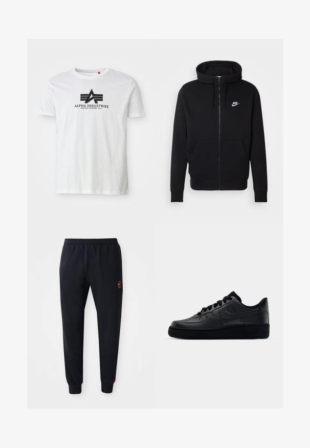 Zwarte rits hoodie van zachte stof, met een voorzak, trekkoord capuchon en wit Nike-logo op de borst.; Witte katoenen t-shirt met een zwart grafisch logo met een "A" en twee horizontale strepen, met de tekst "Alpha Industries" en locatiegegevens eronder.; Zwarte sweatpants van zachte stof, met een elastische tailleband, rode accenten aan de zijkant en een Nike-logo op de linker dij.; Zwarte Nike Air Force 1 sneaker met een gladde leren bovenkant, geperforeerde neus voor ademend vermogen, zwarte veters en een getextureerde rubberen zool.