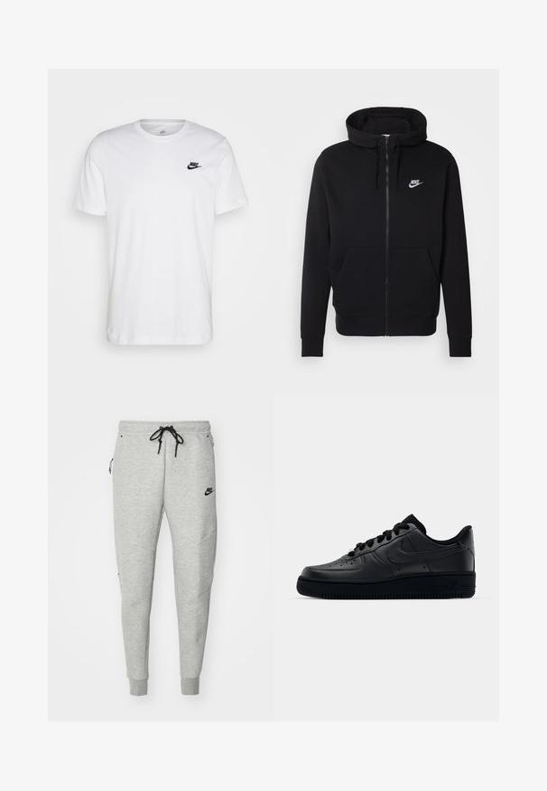 Casaco com fecho zip preto, feito de tecido macio, apresentando um bolso frontal tipo pochete, capuz com cordão e o logo branco da Nike no peito.; Camiseta branca de algodão com gola redonda, mangas curtas e um logótipo preto da Nike no lado esquerdo do peito. Design simples de cor sólida.; Calças de moletão cinzentas com uma textura suave, cintura elástica, cordão preto ajustável, dois bolsos laterais e um pequeno logotipo preto.; Sapatilha Nike Air Force 1 preta com parte superior em couro liso, bico perfurado para respirabilidade, atacadores pretos e sola de borracha texturizada.