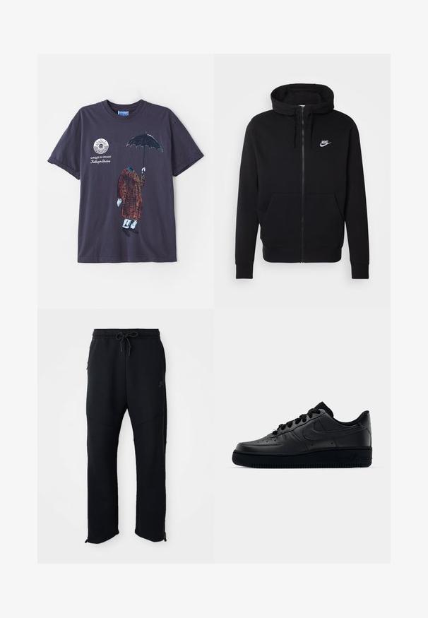 Černá zipová mikina vyrobená z měkkého materiálu, se přední kapsou, kapucí na šňůrku a bílým logem Nike na hrudi.; Námořnické bavlněné tričko s postavou bez hlavy v hnědém kabátu, modrých kalhotách a černých botách, která drží černý deštník. Zobrazeno logo Cirque du Soleil.; Černé sportovní kalhoty s elastickým pasem a šňůrkou, mají boční kapsy, tapered nohavice a zipy na kotnících. Hladká textura.; Černé tenisky Nike Air Force 1 s hladkým koženým svrškem, perforovanou špičkou pro prodyšnost, černými tkaničkami a texturovanou gumovou podešví.