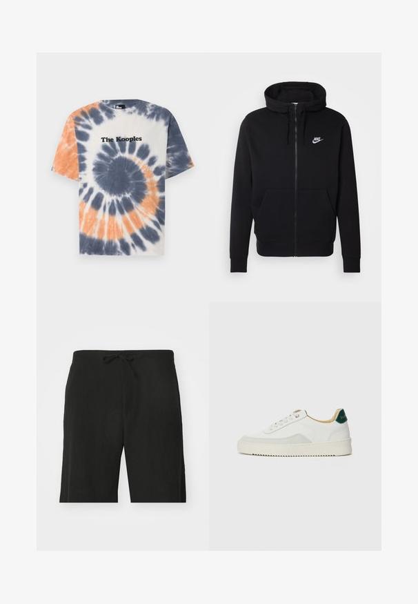 Svart hettejakke med glidelås laget av myk stoff, med en frontlomme, snøring på hetta og hvit Nike-logo på brystet.; Kota t-skjorte med et blått, oransje og hvitt tie-dye mønster, rund hals og "The Kooples" logo i svart over brystet.; Svarte linshorts med snor i livet, med en avslappet passform og knelengde. Glatt tekstur, enkel og klassisk stil.; Hvit sneakers med semsket detaljer, rund tå, flate snøringer og en kremfarget gummisåle. Har grønn merking på hælen.