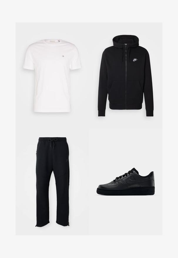 Felpa nera con zip, realizzata in tessuto morbido, dotata di tasca frontale a marsupio, cappuccio con cordino e logo Nike bianco sul petto.; T-shirt bianco in cotone con colletto tondo, maniche corte e un piccolo logo ricamato sul petto. Texture morbida, design semplice.; Pantaloni sportivi neri con vita elasticizzata e coulisse, dotati di tasche laterali, gambe affusolate e cerniere alle caviglie. Tessuto liscio.; Sneaker Nike Air Force 1 nera con tomaia in pelle liscia, punta perforata per la traspirabilità, lacci neri e suola in gomma testurizzata.