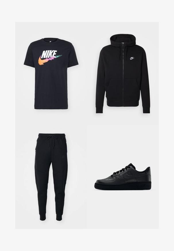 Juodas užtrauktukas džemperis, pagamintas iš švelnaus audinio, su priekinėmis kišenėmis, su raišteliu reguliuojama kapisonu ir baltu Nike logotipu ant krūtinės.; Jūrų mėlynumo medvilninis marškinėlis, kuriame yra ryškus baltas „Nike“ logotipas su daugiaspalviu „swoosh“ dizainu rožinės, oranžinės ir pirmo žalios spalvos. Trumpi rankovės, apvalus kaklas.; Juodos sportinės kelnės, pagamintos iš minkštos medžiagos, su raišteliu juosmenyje, siaurėjančiomis kojomis ir šoninėmis kišenėmis su elegantišku dizainu.; Juodi Nike Air Force 1 sportbačiai su lygia odine viršutine dalimi, perforuotu kepurėle kvėpuojamumui, juodomis raištelėmis ir tekstūruotu guminį padu.