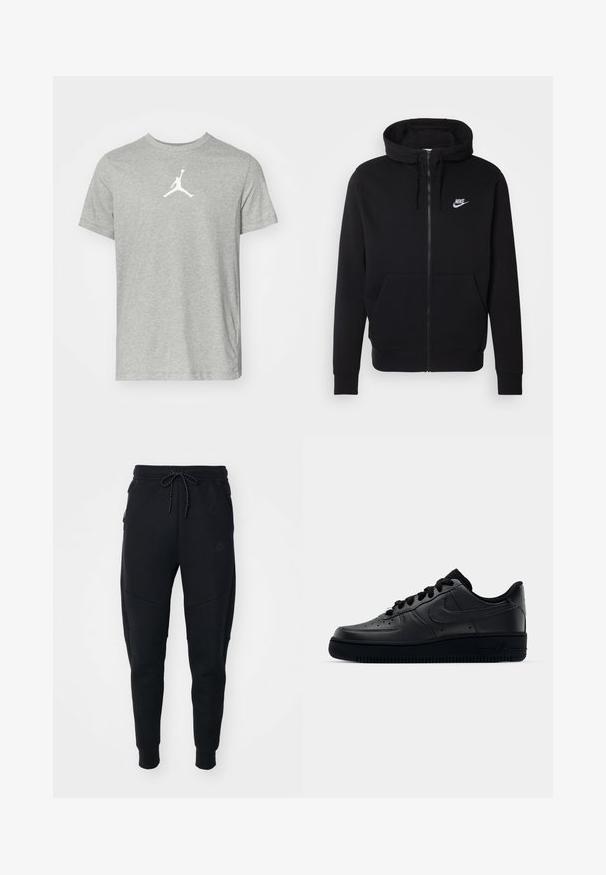 Svart hettejakke med glidelås laget av myk stoff, med en frontlomme, snøring på hetta og hvit Nike-logo på brystet.; Grå t-skjorte med kort erm laget av bomullsblanding, med en hvit Jumpman-logo midt foran. Klassisk crew neck-design.; Sorte joggebukser laget av myk stoff, med strikk i livet, smalere ben og sidelommer med et stilrent design.; Svart Nike Air Force 1-sneaker med en glatt skinnoverdel, perforert tå for pusteevne, svarte snørebånd og en teksturert gummisåle.