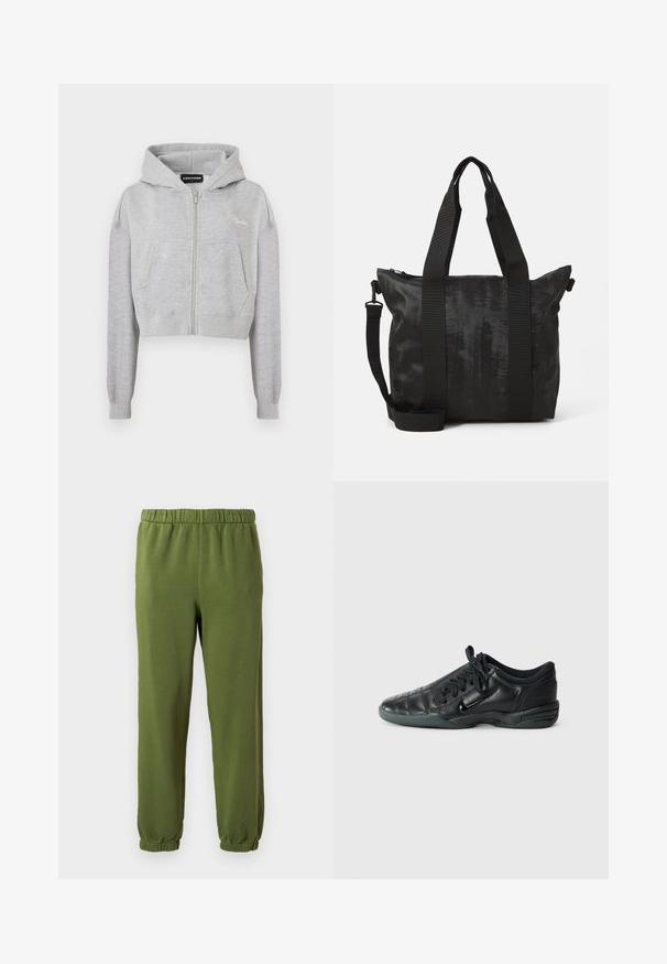 Hoodie court gris clair avec une fermeture éclair à l'avant, deux poches latérales et des poignets côtelés. Présente un logo brodé sur la zone gauche de la poitrine.; T-shirt blanc à manches courtes en coton, avec un col rond et un imprimé noir centré du mot "Pegador" sur le devant.; Pantalons de survêtement verts en tissu doux. Taille élastique et poignets. Design à jambe droite sans motifs ni matériel visible.; Chaussure de sport en cuir noir avec un design matelassé, bout arrondi, lacets à l'avant et semelle en caoutchouc. Présente une marque discrète sur le côté.; Sac fourre-tout noir en tissu texturé, avec deux poignées supérieures et une bandoulière amovible. Il est doté d'une fermeture zippée pour un rangement sécurisé.