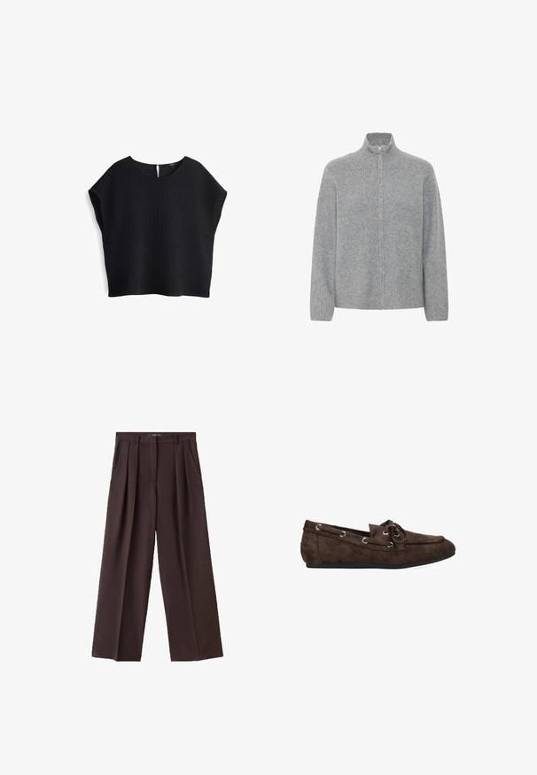 ICHI DUCIE CA - Cardigan - grey melange; Top nero, leggero e morbido realizzato in un tessuto testurizzato. Presenta un colletto rotondo e maniche corte con una chiusura a oblò sul retro.; Pantaloni a gamba larga marroni realizzati in tessuto testurizzato, con pieghe frontali, tasche laterali e una classica cintura.; Scarpa mocassino in suede marrone con punta arrotondata, dettagli in pizzo e occhielli in metallo. Suola piatta, texture liscia e design semplice.