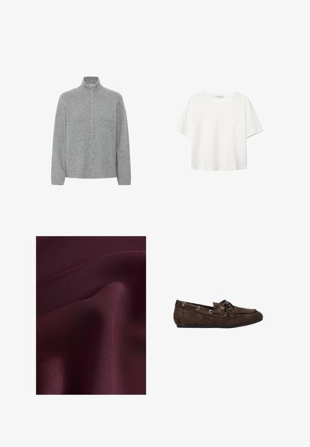 ICHI DUCIE CA - Gilet - grey melange; T-shirt blanc à manches courtes en coton. Doté d'un col ras du cou et d'une coupe décontractée. Texture lisse sans motifs ni accents visibles.; Next ELASTICATED BACK WIDE REGULAR FIT - Pantalon classique - burgundy red; Mocassin en suède marron avec un bout arrondi, des détails de lacets et des œillets en métal. Semelle plate, texture lisse et design simple.