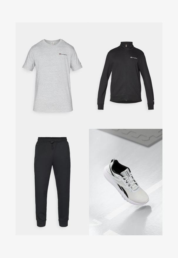 Champion ICONS CONTRAST FULL ZIP - Sweatjakke - black; Grå kortermet T-skjorte laget av bomullsblandingsstoff. Har en liten brodert "Champion"-logo på venstre brystområde.; Svart atletiske joggebukser med elastisk midje og snøring, sidelommer med glidelås og ribbede mansjetter. Laget av et mykt, strukturert stoff.; Lys grå sportsko med sorte detaljer, teksturert mesh-overdel, dempet såle og snøring. Har en hæloppdragingsløkke.