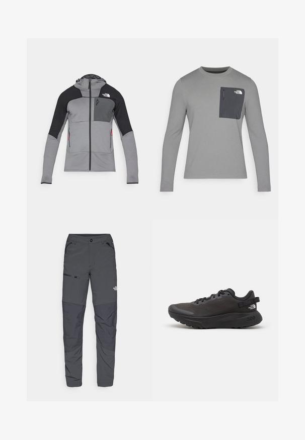 Casaco cinza e preto com fecho éclair e capuz; possui um tecido texturizado, painéis de rede, dois bolsos laterais e um logo no lado esquerdo do peito.; Camisa de manga longa cinza com tecido texturizado, apresentando um bolso no peito cinza escuro e um fecho em zíper. Logótipo no bolso em branco.; Calças exteriores cinzentas com uma textura suave, apresentando um bolso com fecho de correr na lateral, seções de joelho reforçadas e um detalhe de logotipo discreto.; Sapatilha atlética preta com parte superior em malha, colarinho almofadado e sola de borracha. Apresenta um design texturizado e uma marcação no calcanhar. Construção leve.