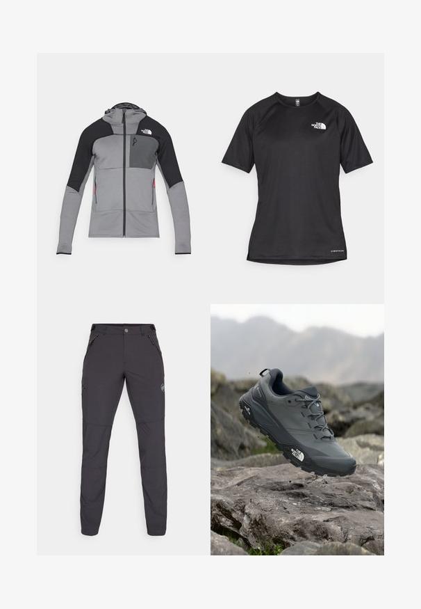 Szürke és fekete cipzáras dzseki kapucnival; texturált anyaggal, hálós panelekkel, két oldalsó zsebbel és logóval a bal felső melleden.; Fekete, rövid ujjú sportpóló struktúrált anyagból, bal mellen fehér logóval és egyenes aljjal.; Sötétszürke, karcsú szabású outdoor nadrág, rugalmas anyagból készült. Három cipzáras zseb és logós részlet jellemzi.; Szürke terepfutó cipő, texturált felsőrésszel, tartós gumitalppal és megerősített orr résszel. Fekete fűzők és márka logó a cipő oldalán.