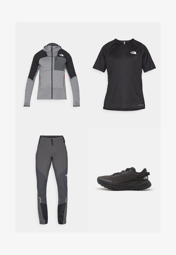 Siva in črna jakna z zadrgo in kapuco; vsebuje teksturirano tkanino, mrežne panele, dva stranska žepa in logotip na zgornjem levem prsnem delu.; Črna kratko rokavna športna majica iz teksturirane tkanine, z belim logotipom na levem prsnem delu in ravnim robom.; Sive hlače za pohodništvo s tapered obliko, več žepi in kontrastnimi temno sivimi in črnimi detajli. Narejene iz prilagodljivega, trpežnega materiala.; Črne športne copate z mrežastim zgornjim delom, oblazinjenim ovratnikom in gumijastim podplatom. Imajo teksturiran dizajn in blagovno znamko na peti. Lahka konstrukcija.