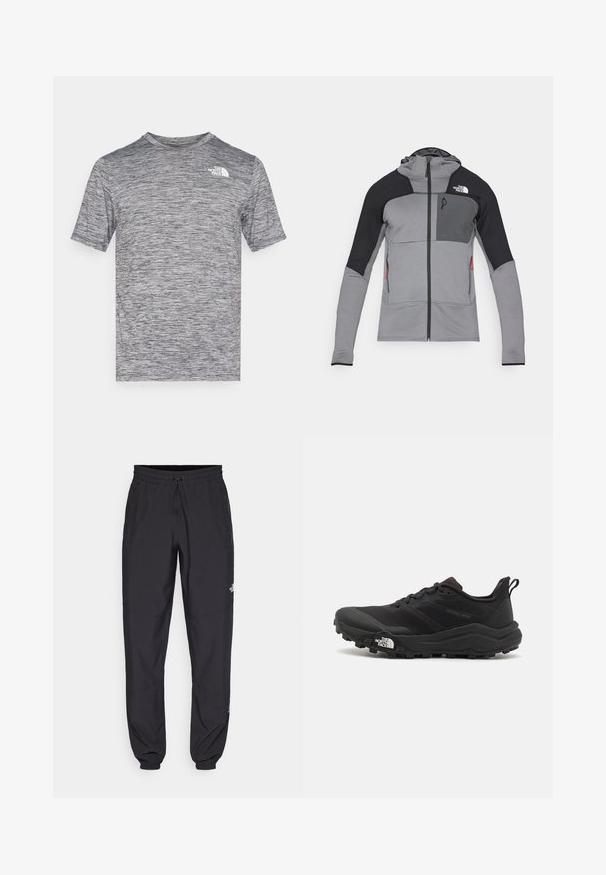 Hallgrey ja must sihvakas jakk kapuutsiga; omab tekstuurset kangast, võrkpaneele, kahte küljetaskut ja logo vasakul rinnal.; Hall ka lühikeste varrukatega T-särk heleda mustriga, ümara kaelusega ja väike valge logo vasakul rinnal. Pehme, kerge kangas.; Mustavad sportlikud püksid, mis on valmistatud kergest kangast, joonlauaga taljest, küljetaskudega ja kitsenevate varrukatega pahkluude juures.; Must tume jooksujalats musta värvi, tekstuurse ülemise osaga, kummist tallaga ja tugevdatud varbaga. Omab pehmendusega krae ja tõmblinti mugavaks selga panemiseks.