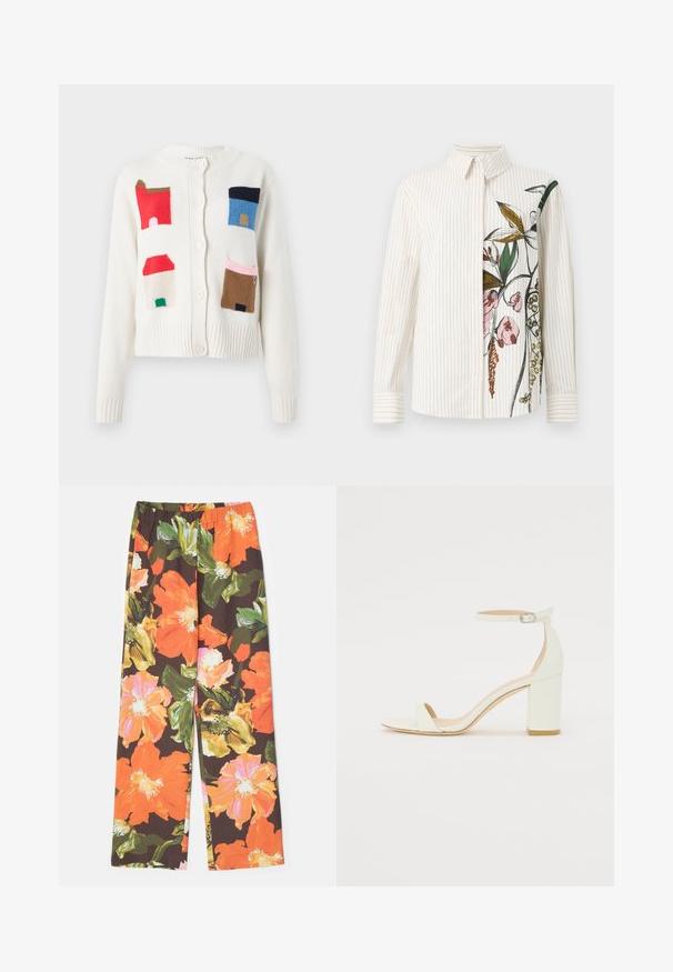 Cardigan bianco con motivi di case colorate in rosso, blu, marrone e verde. Realizzato in morbido materiale con orlo a coste e chiusura a bottone.; Camicia button-up con strisce verticali, di colore crema, con un design floreale su un lato. Maniche lunghe e colletto classico. Texture liscia.; Stine Goya FATOU STRUCTURE STRETCH - Pantaloni - summer night; Sandal con tacco cubano bianco in pelle, caratterizzata da una cinghia alla caviglia con fibbia e design minimalista. Punta aperta e texture liscia in tutto il sandalo.