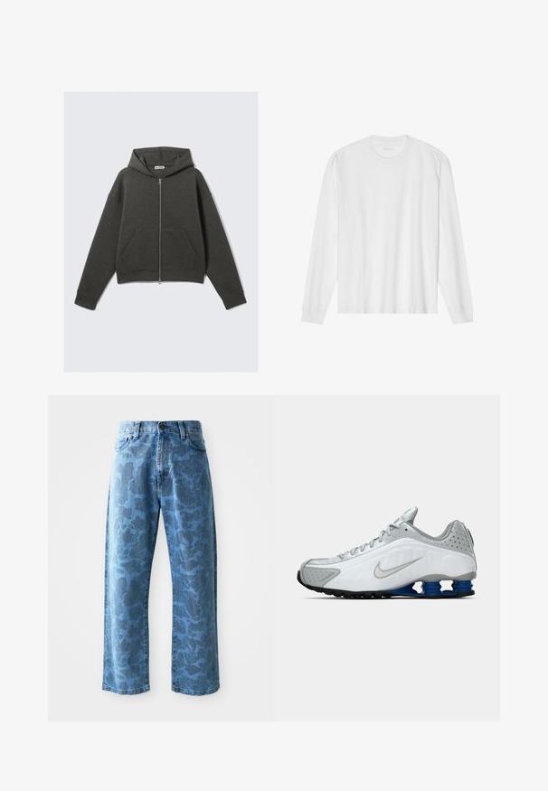 Mørkegrå cropped hoodie med lynlås foran, snor i hætten og to sidelommer. Har ribbede manchetter og blød tekstur.; Hvid, langærmet t-shirt i bomuld med rund hals, med ribbede ærmeafslutninger og en lige kant, glat tekstur og minimalistisk design.; Lyseblå denimjeans med et subtilt tonalt blomstermønster, bred benklipp, fem-lomme design og knaplukning i taljen.; Hvide og grå Nike løbesko med sølv swoosh, blå fjederlignende såleelementer og sort slidbane på en ensfarvet baggrund.