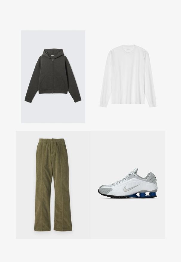 Tmavě šedá zkrácená mikina s předním zipem, kapucí na šňůrku a dvěma bočními kapsami. Disponuje žebrovanými manžetami a měkkou strukturou.; Bílé bavlněné tričko s dlouhým rukávem a kulatým výstřihem, s žebrovanými manžetami a rovný lem, hladkou texturou a minimalistickým designem.; Kordové kalhoty v olivově zelené barvě s širokým střihem, elastickým pasem a viditelným švem podél stran.; Bílé a šedé běžecké boty Nike se stříbrným logem swoosh, modrými pružinovými podrážkami a černým vzorkem na jednobarevném pozadí.