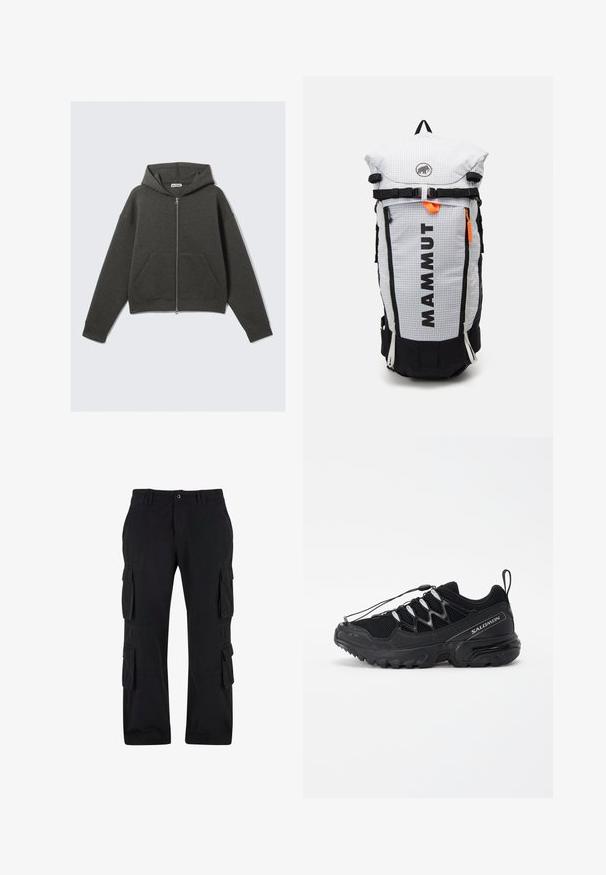 Dunkelgrauer, verkürzter Hoodie mit einem Frontreißverschluss, einer Kapuze mit Kordelzug und zwei seitlichen Taschen. Mit gerippten Bündchen und weichem Material.; Weißes Langarm-T-Shirt aus Baumwolle mit einem kleinen schwarzen Skateboard-Print auf der linken Brust und gerippten Bündchen.; Schwarze Cargo-Hosen aus Baumwollstoff mit mehreren Seitentaschen, einer lockeren Passform und einem geraden Bein-Design.; Schwarze Laufschuhe mit Mesh-Obermaterial, reflektierenden Akzenten und elastischen Schnürsenkeln. Verfügt über eine robuste Sohle mit Traktionsmustern für Stabilität.; Mammut Tourenrucksack - white/black