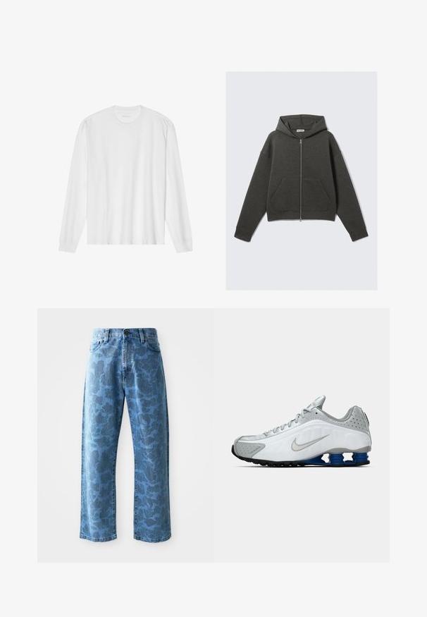 Dark gray cropped hoodie with a front zipper, drawstring hood, and two side pockets. Features ribbed cuffs and soft texture.; Long-sleeve white cotton t-shirt with a crew neck and ribbed cuffs. Simple, unembellished design, featuring smooth texture and standard fit.; Light blue denim jeans with a subtle tonal floral pattern, wide-leg cut, five-pocket design, and a button closure at the waistband.; White and gray Nike running shoe with silver swoosh, blue spring-like sole units, and black tread on a plain background.