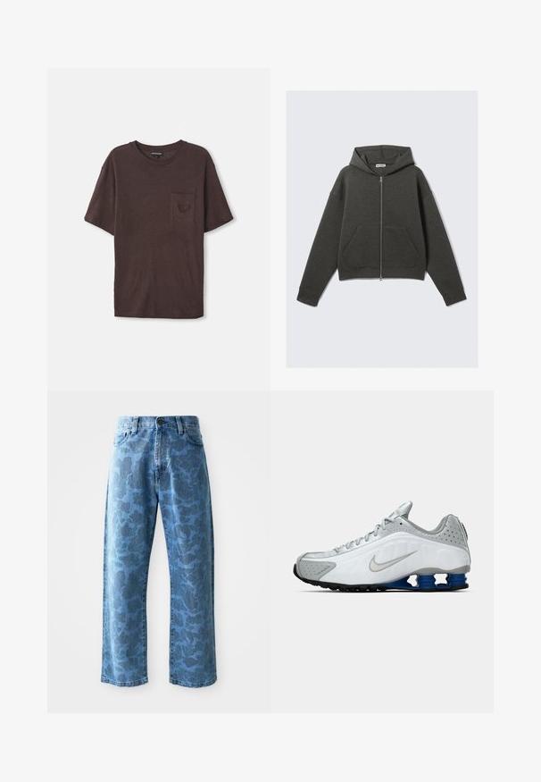 Mørk grå cropped hettegenser med frontlås, snøring på hetten og to sidelommer. Har ribbestrikkede ermer og myk tekstur.; Brun kortermet t-skjorte laget av myk, teksturert stoff, med en liten lomme på venstre side og rund hals.; Lyseblå denimjeans med et subtilt tonalt blomstermønster, vid benløsning, femlomme-design og knappestang i livet.; Hvit og grå Nike løpesko med sølv swoosh, blå fjær-lignende såle enheter, og svart grep på en enkel bakgrunn.