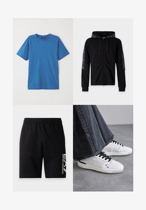Fekete zipzáros kapucnis pulóver, mintás kapucnival és oldalsó díszítésekkel. Elegendő zsinórokkal, passzos mandzsettákkal és sima textúrával rendelkezik. Egyszerű, modern dizájn.; Kék pamut póló rövid ujjakkal, kerek nyakkivágással és sima textúrával. Nincsenek minták vagy díszítések. Egyszerű, klasszikus dizájn.; EA7 Emporio Armani TRAIN VISIBILITY - Rövidnadrágok - black/cream; Fehér sportcipő fekete füzőkkel és hálós részletekkel. Simas bőr felsőrésze van, valamint egy textúrált gumitalppal rendelkezik. Széles lábszárú szürke farmernadrággal párosítva.