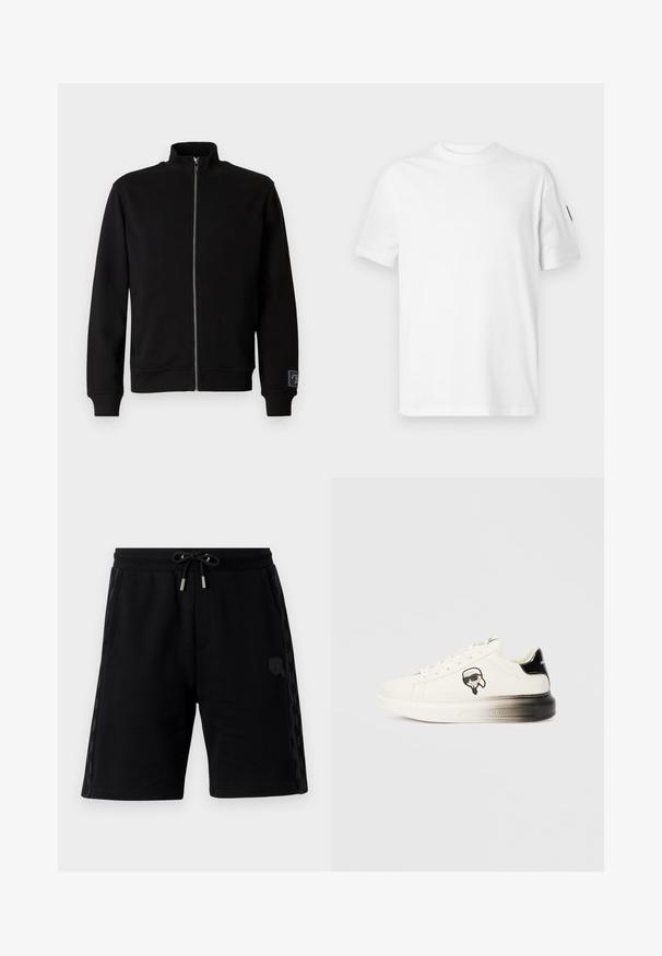 Juoda zip-up džemperis su aukštu apykakle, elastinėmis rankovėmis ir šonine etikete. Pagamintas iš minkštos, lygaus paviršiaus medžiagos su vientisos spalvos dizainu.; Balta medvilnė marškinėliai su trumpomis rankovėmis ir apvaliu iškirpimu. Ant kairės rankovės yra mažas juodas logotipas. Švelni tekstūra, standartinis pritaikymas.; Juodi sportiniai šortai su raišteliu juosmens, šoninėmis kišenėmis, tekstūruotomis šoninėmis dalimis ir mažomis logotipo detalėmis. Pagaminti iš minkštos medžiagos.; Baltos sportbačiai su lygiu odiniu paviršiumi, juodais akcentais ant kulno ir komiksų logotipu. Yra storas, šiek tiek permatomas padas.