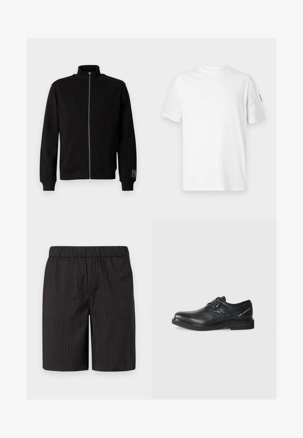 Crna zip-up dukserica s visokim ovratnikom, rebrastim manžetama i božnim oznakom. Izrađena je od mekog, glatkog materijala s jednobojnim dizajnom.; Bijela pamučna majica kratkih rukava s okruglim izrezom. Ima mali crni logo na lijevom rukavu. Glatka textura, standardna veličina.; Crne hlače s delikatnim vertikalnim bijelim prugama, elastičnim pojasom i dvije bočne džepove, izrađene od lagane, teksturirane tkanine.; Crne kožne cipele s okruglim vrhom, detaljem s jednom kopčom i ravnim gumennim đonom. Ima oznaku branda sa strane blizu pete.