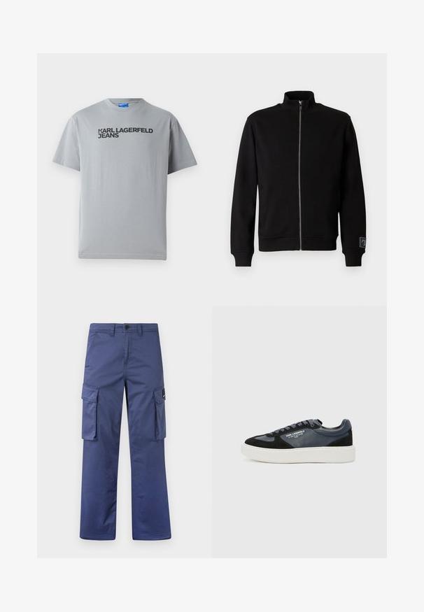 Sudadera negra con cremallera y cuello alto, puños acanalados y una etiqueta lateral. Hecha de un material suave y liso con un diseño de color sólido.; Camiseta de algodón gris con mangas cortas y cuello redondo. Texto en negro que dice "KARL LAGERFELD JEANS" en la parte frontal.; Pantalones cargo de la marina hechos de tejido duradero, con bolsillos laterales, diseño de pierna recta y cierre de botón en la cintura.; Sneakers negros y azul marino hechos de cuero y ante, con una suela intermedia blanca gruesa, punta redonda y acentos texturizados. Cordones en color a juego.