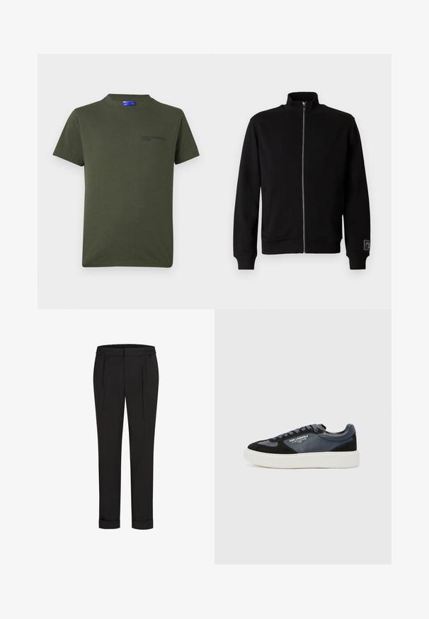 Svart zip-up sweatshirt med hög krage, ribbade manschetter och sidetikett. Tillverkad av ett mjukt, slätt material med en enhetlig färgdesign.; Olivgrön bomulls-t-shirt med korta ärmar, rund hals och en liten, mörk tryckt logotyp på vänster bröstområde. Enkel design.; Svarta byxor med elastisk midja, med en rak bendesign och uppvikta fållar. Tillverkade av glatta, vävda tyger utan mönster.; Svart och marinblå sneaker gjord av läder och mocka, med en tjock vit mellansula, rund tå och texturerade detaljer. Snören i matchande färg.