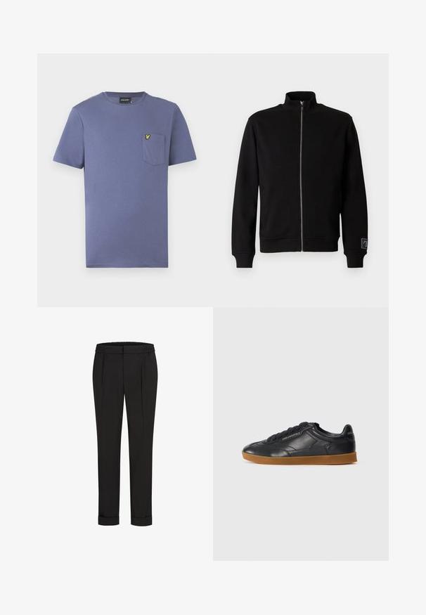 Must must ülikond, millel on kõrge krae, soonikkoes mansetid ja külgtagi. Valmistatud pehmest ja siledast materjalist, millel on ühtlane värvitoon.; Lilla puuvillane T-särk lühikeste varrukatega, ümmarguse kaelusega ja rinnataskuga, millel on kollane tikitud logo.; Mustad püksid elastse vöökohtaga, sirge jala kujundusega ja üles keeratud äärtega. Valmistatud siledast, kudumisega kangast, ilma mustriteta.; Must nahkkingad, millel on ümar nina, seotud esikülg ja kontrastse kummist värv. Külgedel ja taga on embossitud brändi logo.