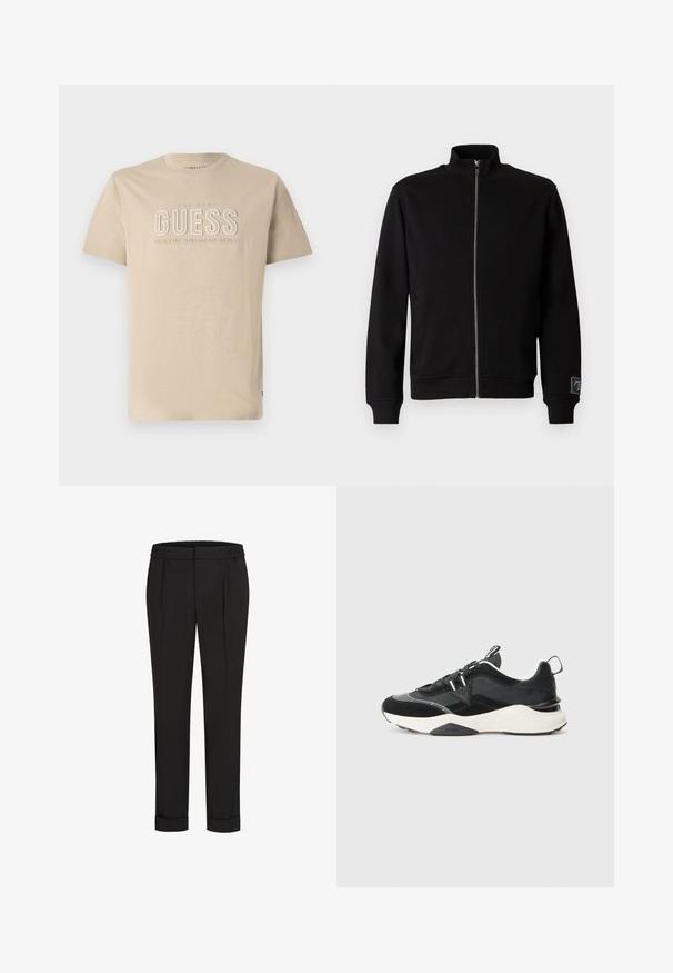 Zwarte zip-up sweatshirt met hoge kraag, geribbelde manchetten en een zijlabel. Gemaakt van een zachte, soepele stof met een effen kleur ontwerp.; Beige katoenen T-shirt met ronde hals, met een reliëf "GUESS" logo en de tekst "CLASSIC AMERICAN STYLE" in een lichtere kleur. Korte mouwen.; Zwarte broek met een elastische tailleband, met een rechtvallend ontwerp en opgerolde manchetten. Gemaakt van glad, geweven stof zonder patronen.; Zwarte sneaker met een mix van suede en mesh materialen, chunky witte zool en reflecterende accenten. Vetersluiting ontwerp met een trekhaak.