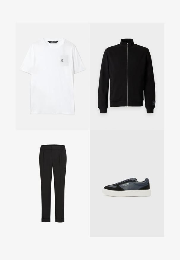 Črna zip-up sweatshirt s visokim ovratnikom, rebrastimi manšetami in stransko oznako. Narejena iz mehkega, gladkega materiala s enobarvnim dizajnom.; Bela bombažna majica s kratkimi rokavi, okroglo ovratnico, majhnim žepom na prsih in vezenim logotipom na žepu.; Črne hlače z elastičnim pasom, s pravimi nogavicami in zavihanimi manšetami. Narejene so iz gladkega, tkanega materiala brez vzorcev.; Črne in mornarsko modre superge iz usnja in semiša, z debelim belim srednjim podplatom, okroglo konico in teksturiranimi detajli. Zavezovanje v usklajeni barvi.