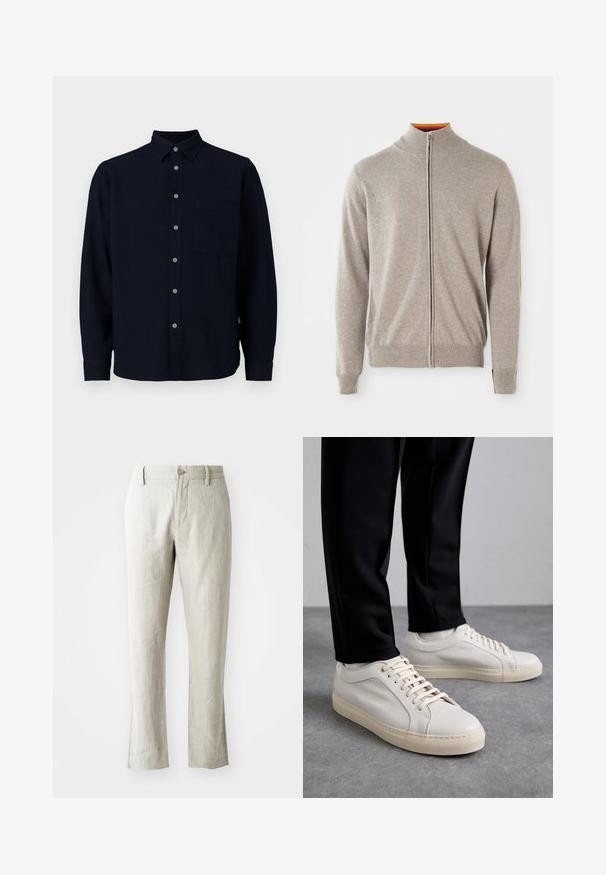 Maglione con zip in grigio chiaro. Presenta un colletto alto, polsini e orlo a coste. Il colletto interno mostra un accento colorato. Tessuto morbido.; Camicia a maniche lunghe blu navy realizzata in tessuto morbido. Presenta una chiusura con bottoni, un colletto a punta e una tasca sul petto. I bottoni grigi aggiungono un contrasto.; Pantaloni in lino beige chiaro con taglio dritto, sottile texture, chiusura frontale con bottone e due tasche laterali. Progettati per una silhouette pulita.; Sneaker in pelle beige chiaro con lacci piatti, superficie texturizzata e suola in gomma di colore crema in contrasto, abbinati a pantaloni neri a sigaretta.