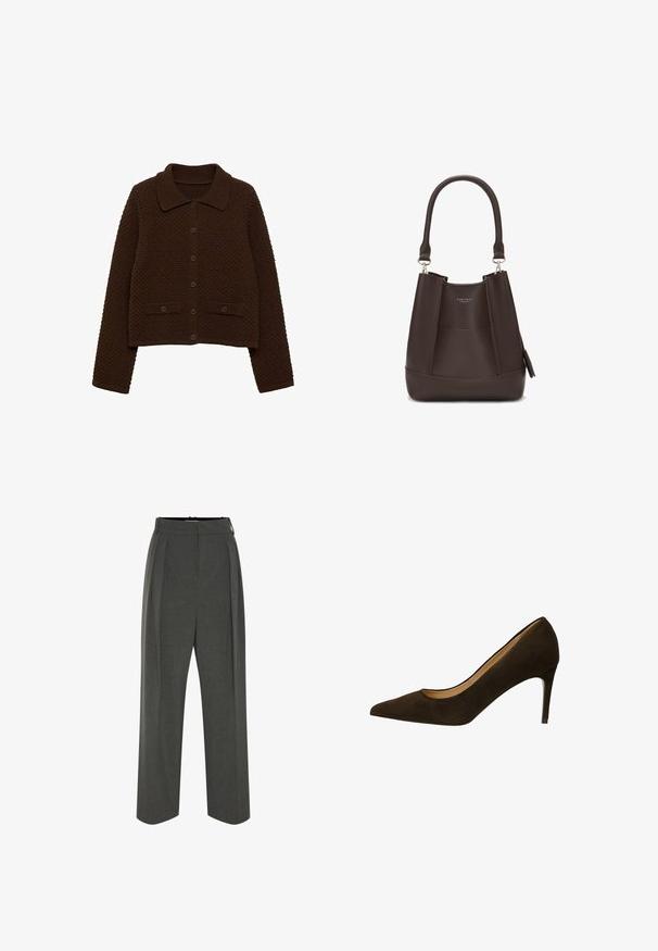 Hnědý pletený cardigan s límcem, předními knoflíky a žebrovanými detaily. Obsahuje texturovaný vzor a dvě přední kapsy.; Bílý žebrovaný top bez rukávů se černým vyšitým logem uprostřed hrudi. Výstřih a otvory na ruce jsou zakončeny jemným lemováním.; Šedé kalhoty s širokými nohavicemi z texturované látky, s vysokým pasem a předními záhyby. Design zahrnuje hladký pas a žádné viditelné zapínání.; Hnědé semišové lodičky na vysokém podpatku s špičatou špičkou, hladkým povrchem a štíhlým jehlovým podpatkem. Jednoduchý design bez viditelného kování.; Carlheim ADALINE - Kabelka - brown
