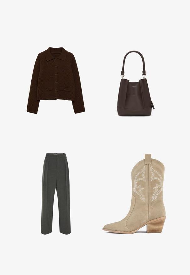 Brązowy sweterek z dzianiny z kołnierzem, z przodu zapinany na guziki i z ribbowymi akcentami. Posiada teksturowany wzór oraz dwie przednie kieszenie.; Biały prążkowany top na ramiączkach z czarnym haftowanym logo umieszczonym na środku klatki piersiowej. Dekolt i otwory na ramiona wykończone subtelnym obszywaniem.; Szare dopasowane spodnie z wysokim stanem, z plisami, szerokimi nogawkami i gładką fakturą. Zapinane na dyskretny zamek.; Beżowy zamszowy kowbojski but z ostrym noskiem, dekoracyjnym białym przeszyciem i piętą z ciasno ułożonego drewna. Posiada pętelkę z tyłu.; Carlheim ADALINE  brązowy