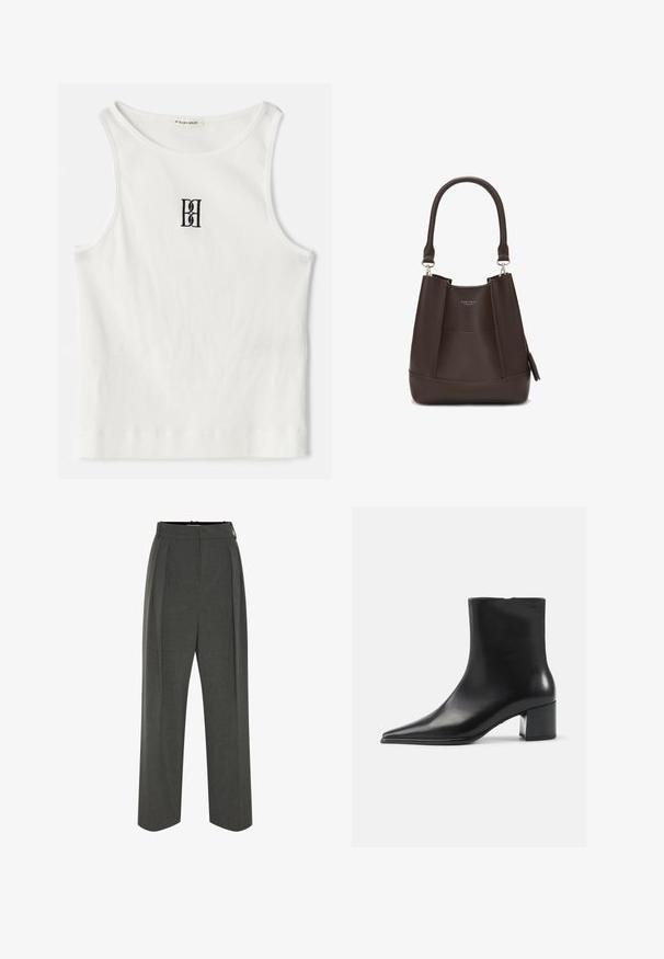 Braune Strickjacke mit Kragen, vorderen Knöpfen und gerippten Akzenten. Sie hat ein strukturiertes Muster und zwei vordere Taschen.; Weißes geripptes Tanktop mit einem schwarzen gestickten Logo, das zentral auf der Brust platziert ist. Der Halsausschnitt und die Armausschnitte sind mit einer dezenten Einfassung versehen.; Graue Hose mit weitem Bein aus strukturiertem Stoff, ausgestattet mit hoher Taille und vorderen Falten. Das Design beinhaltet einen glatten Bund und keine sichtbaren Verschlüsse.; Schwarze Lederschnürstiefelette mit spitzer Zehenform, glatter Textur und mittelhohem Blockabsatz. Minimalistisches Design, Reißverschluss hinten.; Carlheim ADALINE - Handtasche - brown
